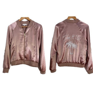 Tone It Up Pink Satin Bomber Jacket. Front Zip. Mob Wife. Palm trees. LARGE